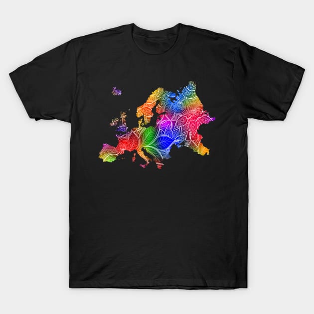 Colorful mandala art map of Europe with text in multicolor pattern T-Shirt by Happy Citizen